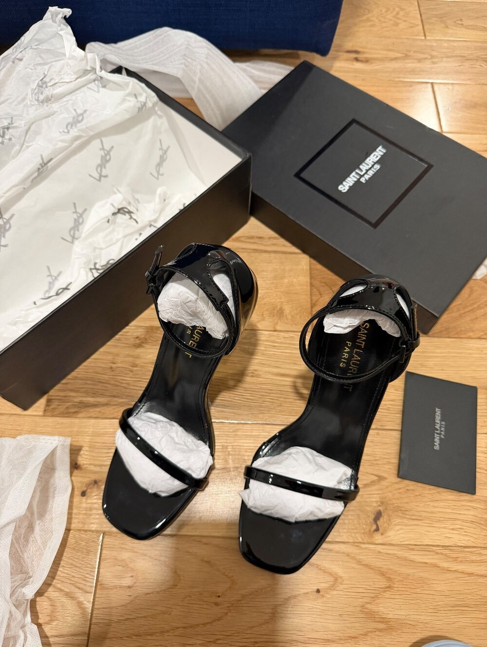 Saint Laurent Black Patent Logo Sculptural Heel Sandals - Picture 8 of 11